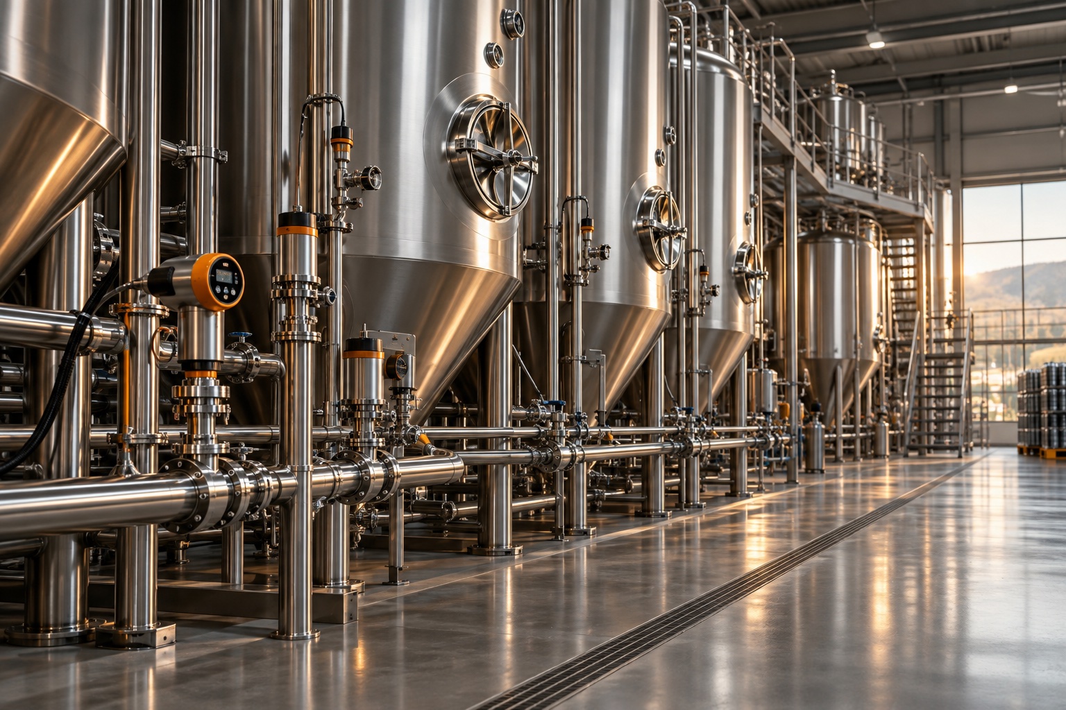 Stainless steel food and beverage production tanks with measurement instruments