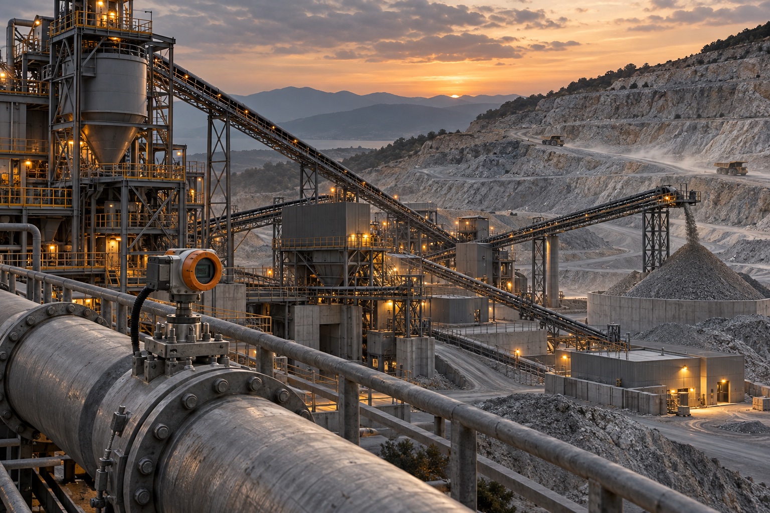 Quarry with conveyor belts and a measurement instrument on foreground pipework
