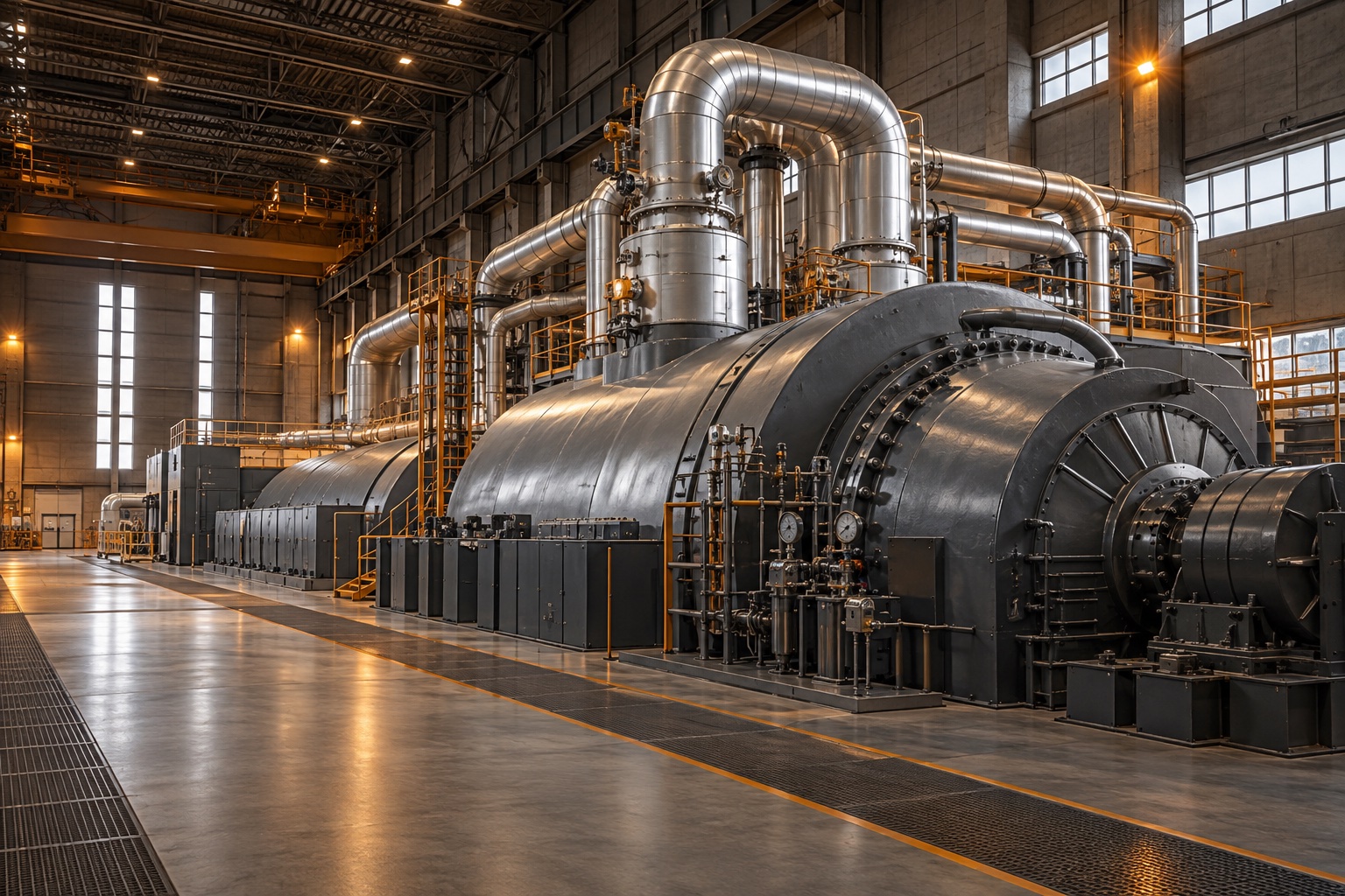 Power generation turbine with pipework and monitoring instruments