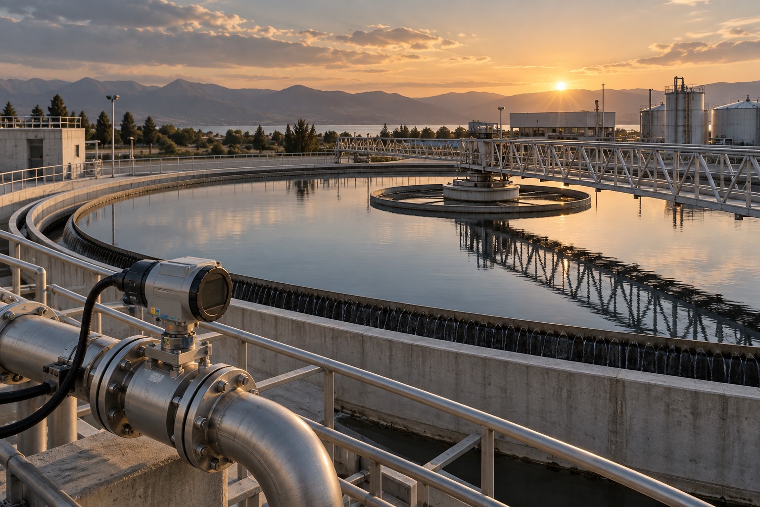 Wastewater treatment tank with a measurement instrument on foreground pipework